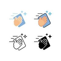 Wipe your hands with a cloth, rag or napkin. Clean hands after washing. Wipe and rag as cleaning or sanitize tool. Hand wiping with cloth icon. Vector illustration. Design on white background. EPS 10