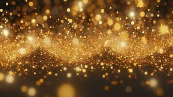 resumen lujo oro antecedentes con oro partículas Brillantina Clásico luces antecedentes. Navidad dorado ligero brillar partículas bokeh en oscuro antecedentes. oro frustrar textura. día festivo. ai generativo foto