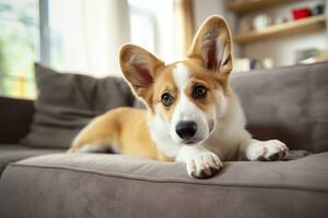 Beautiful, smart, calm purebred corgi dog lying on on sofa in living room. Generative AI photo