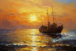 petróleo pintura de un pescador barco a puesta de sol en mar. mar paisaje concepto. ai generativo foto