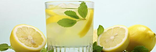 Lemonade in a glass with fresh lemons and mint. Cold summer drink with copy space. Generative AI photo