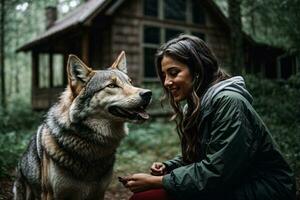 Women And A Wolf Having Good Time In The Forest Ai Generative photo