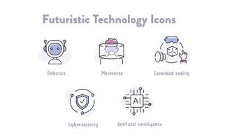 Explore the future with this collection of cutting-edge technology icons. From robotics to metaverse, these symbols represent the forefront of innovation and digital advancement. vector