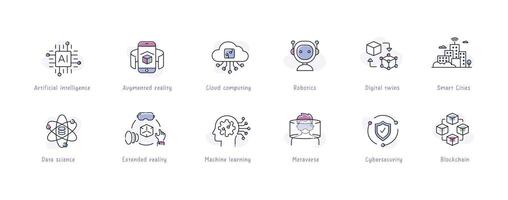 Explore the future of technology with this comprehensive icon set. From robotics and machine learning to blockchain and artificial intelligence. vector