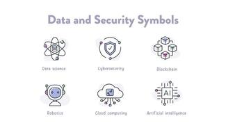 Visualize data science and cybersecurity with this symbol collection. These icons represent data analysis, protection, and the importance of digital security. vector