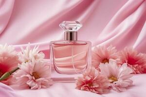 Summer Vanilla Perfume Background Photo with Copy Space. Bright Pink Vanilla Perfume Banner for Summer. AI Generative