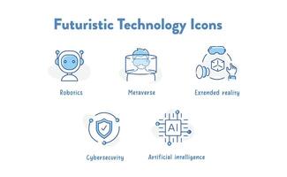 Explore the future with this collection of cutting-edge technology icons. From robotics to metaverse, these symbols represent the forefront of innovation and digital advancement. vector