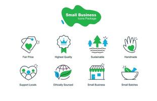 descubrir un colección de íconos representando ético pequeño lote negocios, priorizando sostenibilidad, calidad, y comunidad apoyo. vector