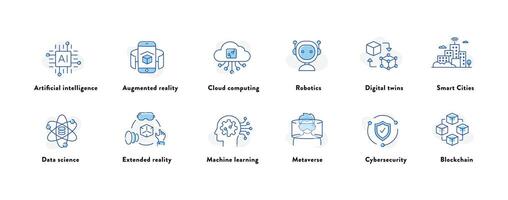 Explore the future of technology with this comprehensive icon set. From robotics and machine learning to blockchain and artificial intelligence. vector