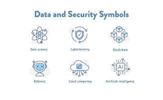 Visualize data science and cybersecurity with this symbol collection. These icons represent data analysis, protection, and the importance of digital security. vector