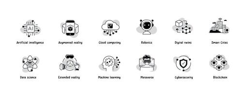 Explore the future of technology with this comprehensive icon set. From robotics and machine learning to blockchain and artificial intelligence. vector