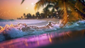 Beach with waves and coconut trees at sunset. Generative AI photo