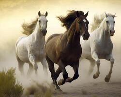 un grupo de caballos corriendo en el tierra. generativo ai foto