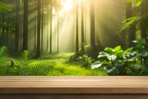 A Product Display table in the middle of a Forest Scenery Photo Premade background