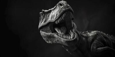 Black and white photorealistic studio portrait of a Tyrannosaurus Rex on black background. Generative AI photo