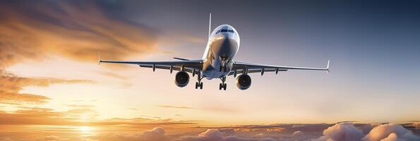 Commercial airplane flying above dramatic clouds during sunset. Generative AI photo