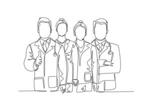 Single one line drawing group of young male and female doctors giving thumbs up gesture as service excellence symbol. Medical team work concept. Continuous line draw design graphic vector illustration