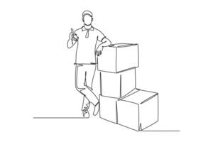 Continuous one line drawing young happy delivery man thumbs up while lift up and deliver carton box packages to customer. Delivery service business. Single line draw design vector graphic illustration