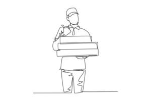 Continuous one line drawing of young happy delivery man gives thumbs up gesture while lift up carton box packages to customer. Delivery service business. Single line design vector graphic illustration