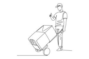 Single one line drawing young delivery man gives thumbs up gesture while carrying carton box package with trolley to customer. Delivery service. Continuous line draw design graphic vector illustration