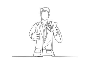 Single continuous line drawing young happy business man holding money paper stack and gives thumbs up gesture pose. Business success concept. Dynamic one line draw graphic design vector illustration