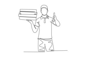 Single continuous line drawing of young happy pizza delivery man gives thumbs up gesture before deliver package to customer. Food delivery service business. One line graphic design vector illustration