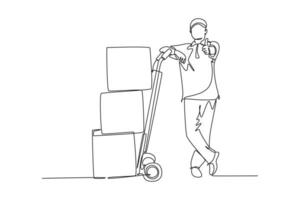 Single one line drawing young delivery man gives thumbs up gesture while carrying carton box package with trolley to customer. Delivery service. Continuous line draw design graphic vector illustration