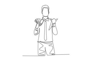 Single continuous line drawing young happy successful businessman show money paper stack and gives thumbs up gesture. Business success concept. Dynamic one line draw graphic design vector illustration