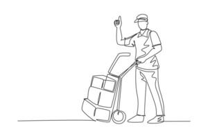 Single one line drawing young delivery man gives thumbs up gesture while carrying carton box package with trolley to customer. Delivery service. Continuous line draw design graphic vector illustration