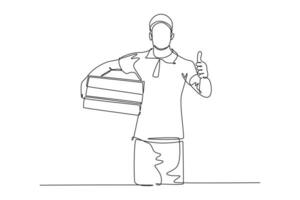 Continuous one line drawing young happy delivery man gives thumbs up gesture while lift up and deliver carton box package to costumer. Delivery service. Single line design vector graphic illustration