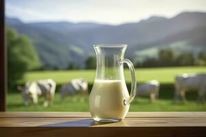 Glass pitcher with fresh milk on a wooden table. AI Generated photo