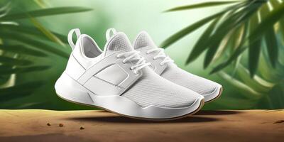 White Blank Sports shoes Mockup with natural theme background. AI Generative photo