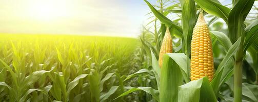 Closeup corn cobs in corn plantation field. Generative AI photo