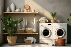 Laundry room with washing and dryer machine. Generative AI photo