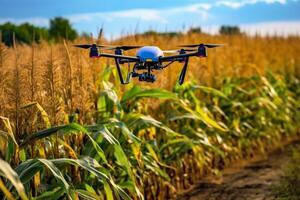 Drone monitoring crops and smart agriculture in a digital farming.  AI Generative photo