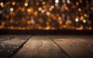 Navidad bokeh fondo, de madera antecedentes con Bokeh, Brillantina estrellas, rústico madera, y fondo para producto presentación. ai generativo foto