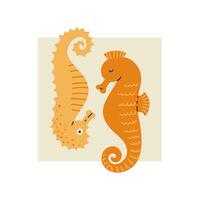 Poster with seahorses in trendy flat style. Oceanic fauna. Vector illustration.