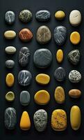 algunos vistoso piedras son desplegado, oscuro Armada y amarillo, ai generativo foto