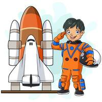 Cartoon astronaut holding helmet with spaceship ready to launch vector