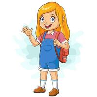 Cartoon school girl with backpack waving hand vector