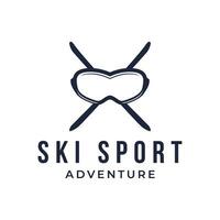 Retro ski sport template Logo element on vintage winter, with skis and mountain.Logo for ski sport, club, badge and label. vector