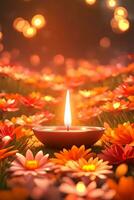 Diwali Candle Surrounded By Beautiful Flowers In A Night Scenery AI Generative photo