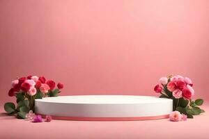 Simple 3D Pedestal Podium surrounded by sprinkled flowers for product display Photo Background AI Generative