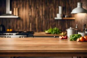 un vacío rústico de madera mesa parte superior para producto monitor Bosquejo en un cocina paisaje prefabricado antecedentes ai generativo foto