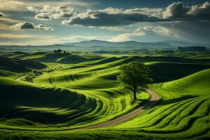 A field with green grass and rolling hills. AI generative photo