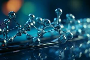 Horizontal banner with model of abstract molecular structure. Background of blue color with glass atom model. AI generative photo