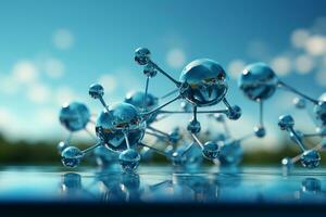 Horizontal banner with model of abstract molecular structure. Background of blue color with glass atom model. AI generative photo