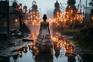 A woman in a dark fairy kei fashion wedding dress wading in a rundown industrial complex in the rain at dusk. Moody atmosphere. AI generative photo