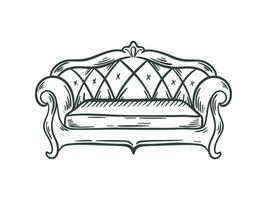 Soft sofa for room or apartment, interior item ink sketch vector