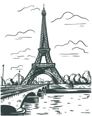 Eiffel Tower in Paris France ink sketch